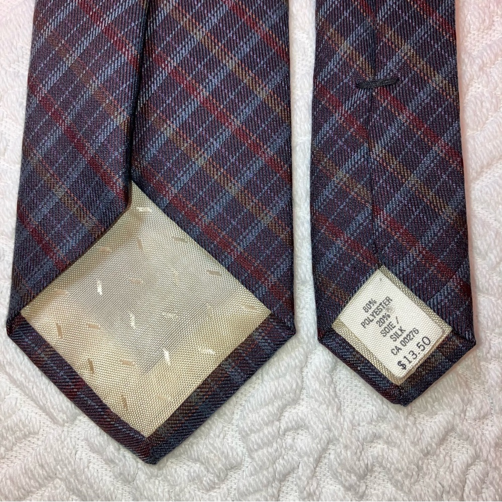 Vintage Louis Feraud Paris plaid silk blend skinny tie, purple, red, grey, gold - Picture 6 of 8